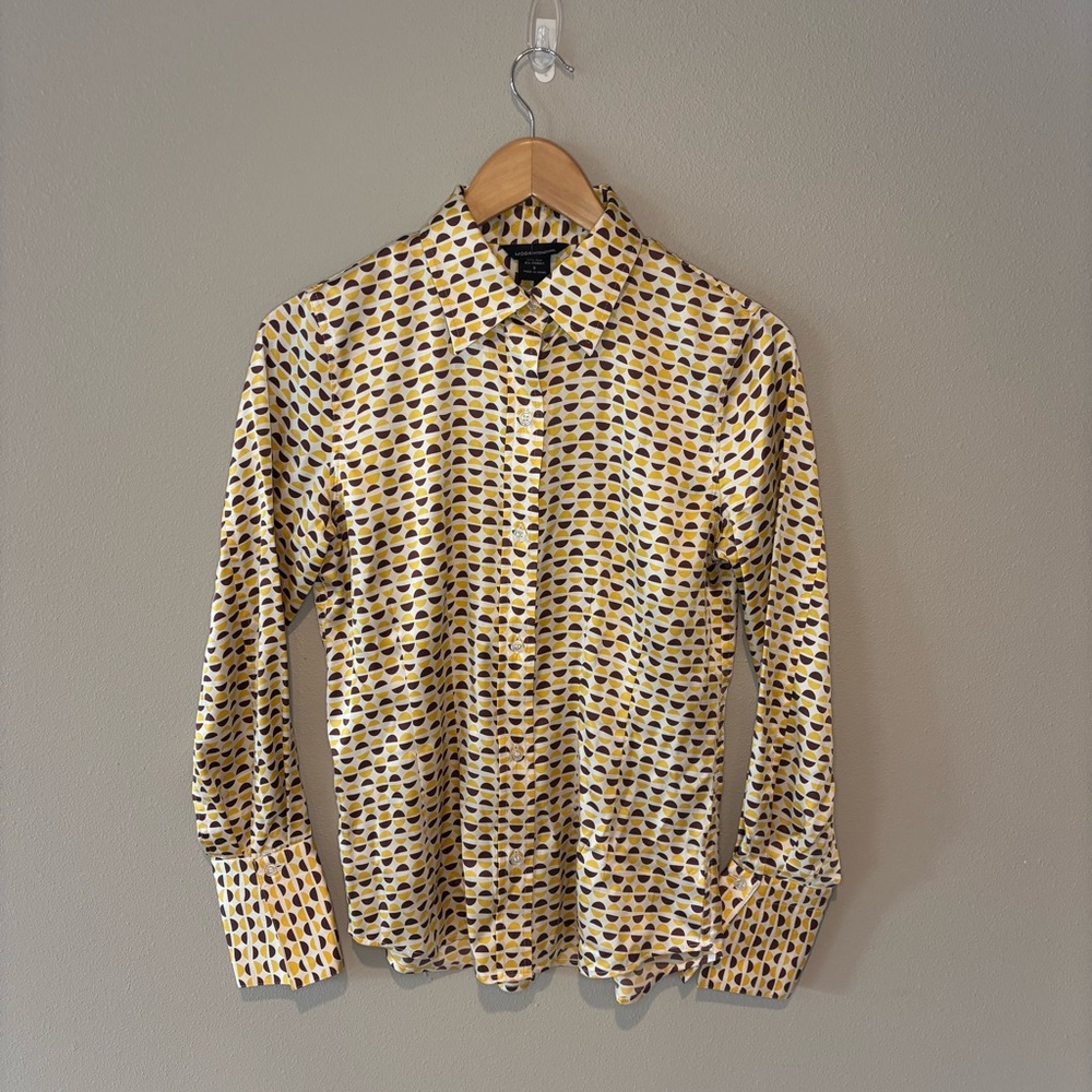 MODA INTERNATIONAL Silk Blend Yellow Geometric Button Down Blouse Size Small